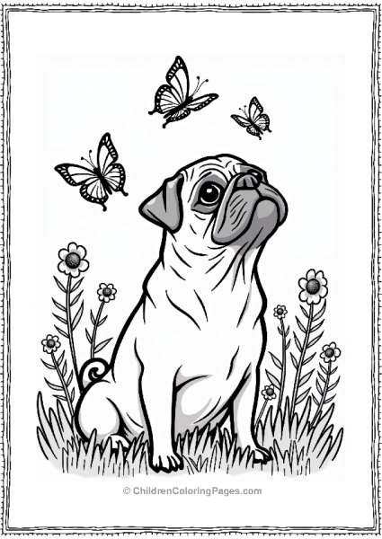 Pug With Butterflies In A Flower Garden Free PDF Printable