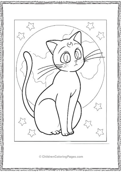 Sailor Moon Style Luna Cat Sitting In Front Of The Moon Free PDF Printable