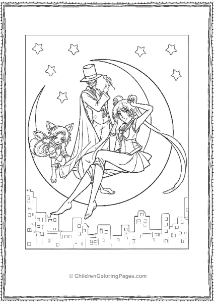 Sailor Moon With Tuxedo Mask And Luna On The Moon Over Cityscape Free PDF Printable