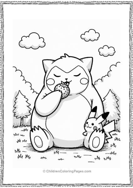 Snorlax Enjoying A Snack With Pikachu Free PDF Printable