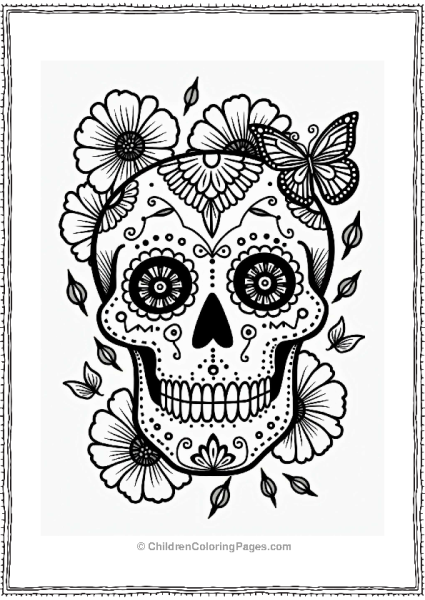 Sugar Skull With Marigolds And Butterflies Free PDF Printable