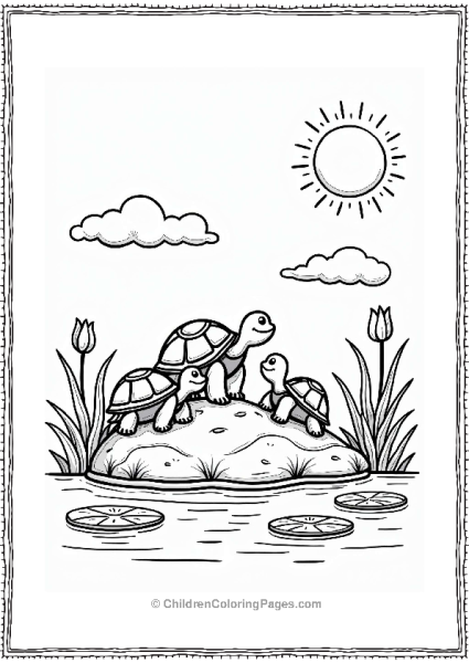 Summer Cheerful Turtles Basking By A Pond Free PDF Printable