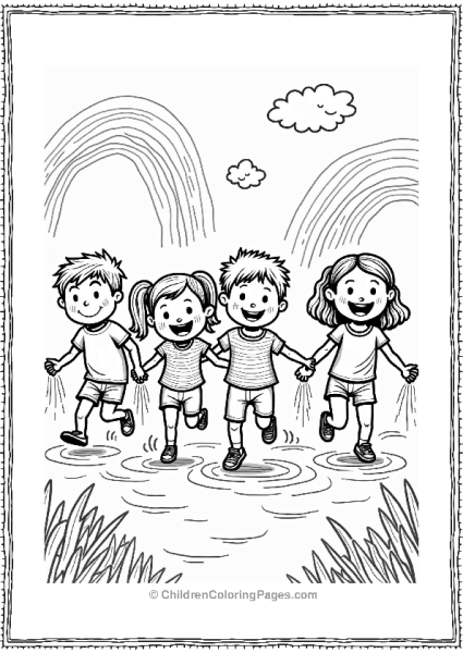 Summer Kids Running Through Sprinklers With Rainbows Free PDF Printable