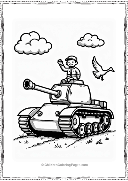 Tank And Happy Soldier In A Cloudy Sky Free PDF Printable
