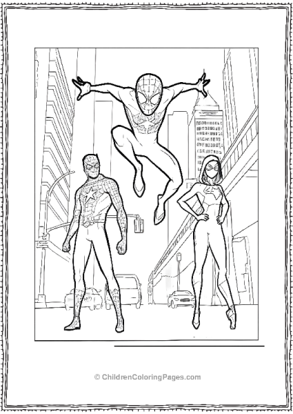 Three Superheroes With Masks In The City Featuring Miles Morales Free PDF Printable