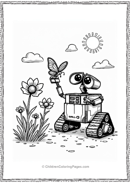 Wall E And A Butterfly Among Flowers Free PDF Printable