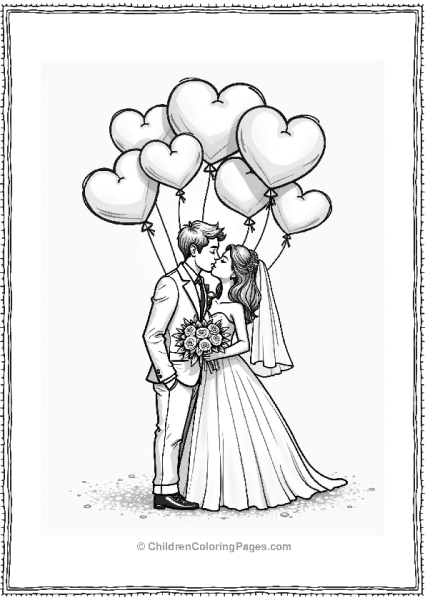 Wedding Bride And Groom Kissing Among Heart Balloons Free PDF Printable