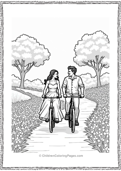 Wedding Couple Biking In A Flower Park Free PDF Printable