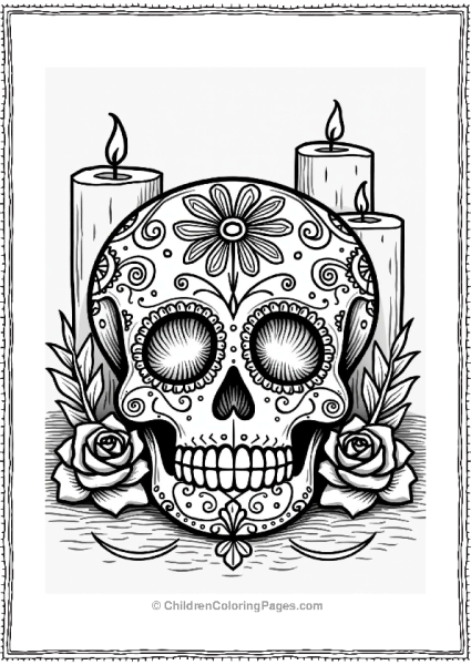 Whimsical Sugar Skull With Candles And Roses Free PDF Printable