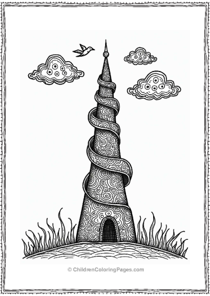 Whimsical Zentangle Tower With Clouds And Birds Free PDF Printable