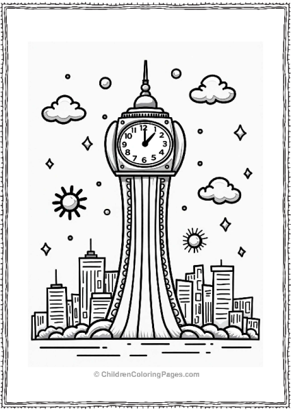 Y2K Digital Clock Tower In A Futuristic City Free PDF Printable