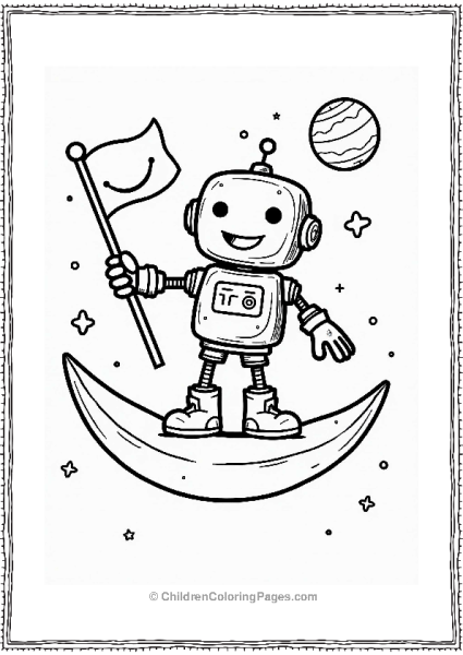 Y2k Robot Explorer On A Crescent Moon Free PDF Printable