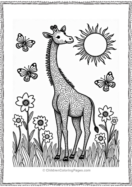 Zentangle Giraffe In A Flower Field Free PDF Printable