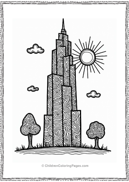 Zentangle Skyscraper With Trees And Sun Free PDF Printable