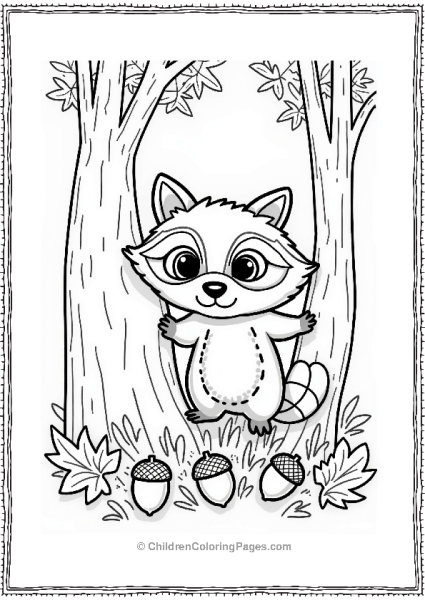 Curious Raccoon Among Leaves And Acorns Pattern Free PDF Printable