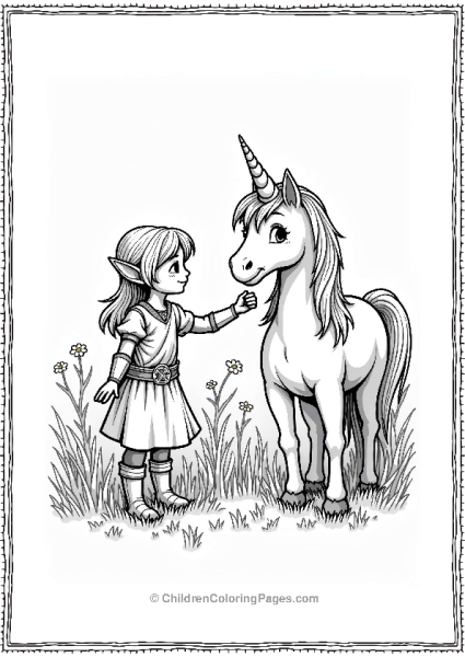 Dungeons And Dragons Curious Elf And Gentle Unicorn In A Meadow Free PDF Printable