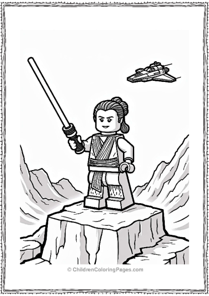 Lego Star Wars Rey Wielding Lightsaber On A Rocky Cliff Free PDF Printable