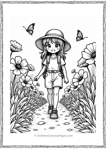 Manga Character Hiking Through Colorful Flowers Free PDF Printable