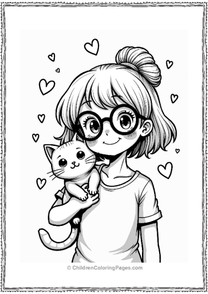 Manga Cheerful Girl With Cat And Hearts Free PDF Printable