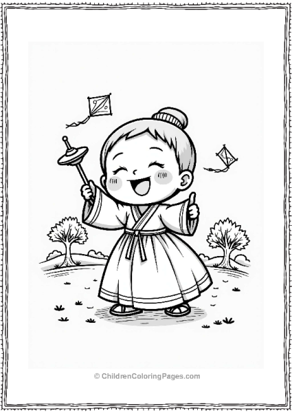 Manga Child In Hanbok Playing With Top Free PDF Printable