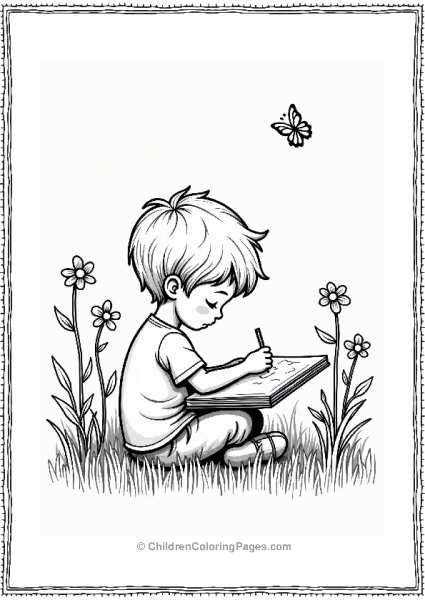 Precious Moments Boy Sketching Flowers In A Peaceful Garden Free PDF Printable