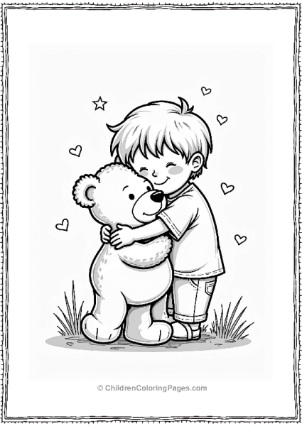 Precious Moments Child Hugging Teddy Bear With Stars And Hearts Free PDF Printable