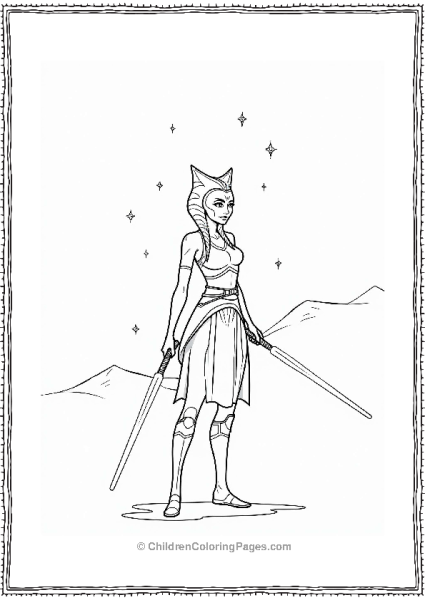 Star Wars Ahsoka Tano With Lightsabers In Night Sky Free PDF Printable