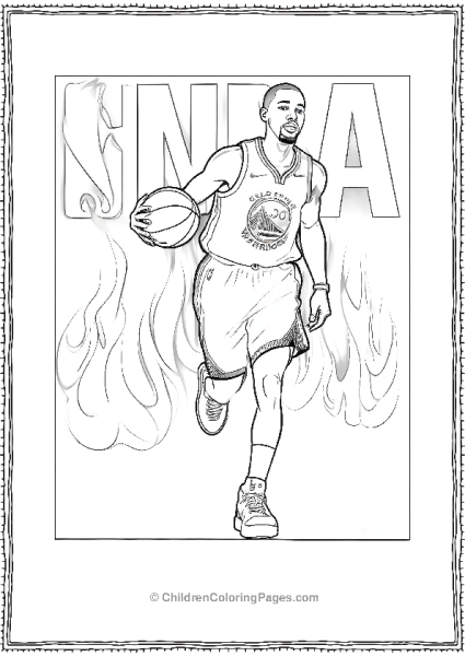 Steph Curry Dribbling Basketball On Fire Background Free PDF Printable
