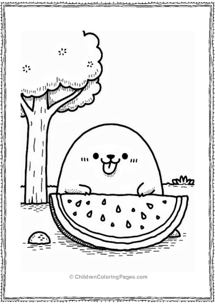Sumikko Gurashi Tokage Enjoying Watermelon Under A Tree Free PDF Printable