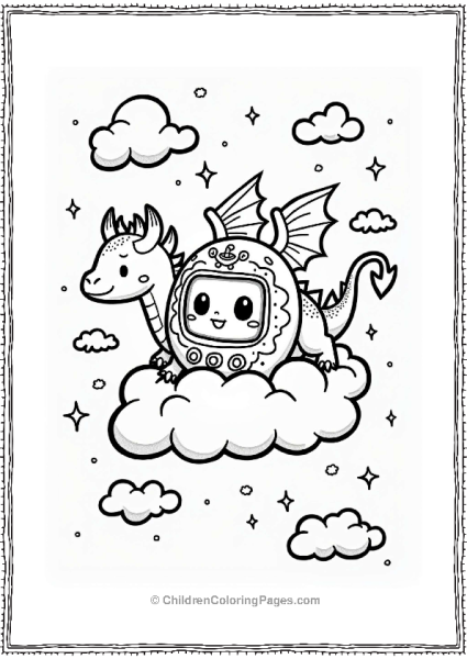 Tamagotchi And Dragon In A Cloudy Sky Free PDF Printable