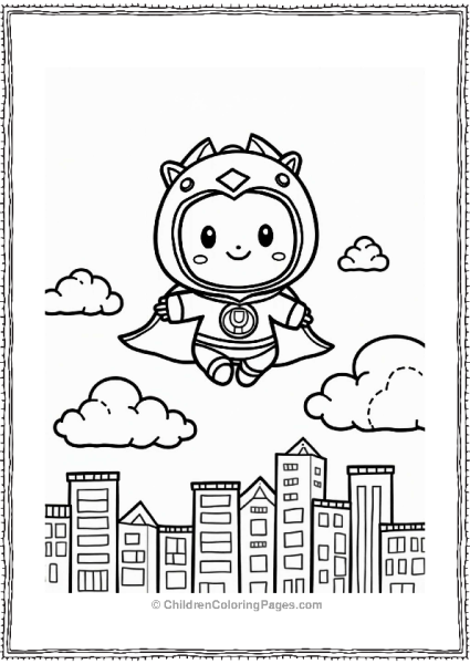 Tamagotchi Superhero Flying Over City Free PDF Printable