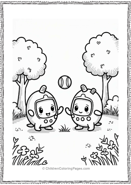 Tamagotchis Playing Catch In A Sunny Park Free PDF Printable