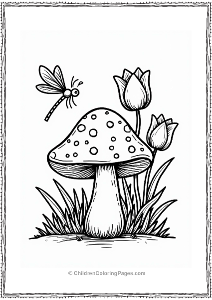 Button Mushroom With Tulips And Dragonfly Free PDF Printable