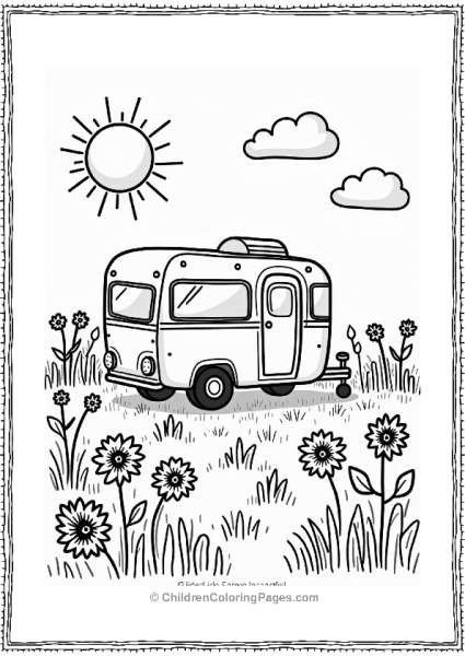 Camper RV Camper In A Field Of Flowers Free PDF Printable