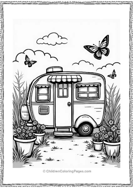 Camper RV Camper Surrounded By Colorful Garden Pots Free PDF Printable