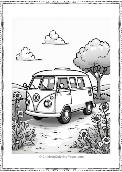 Camper RV Camper Van Among Flowers Free PDF Printable