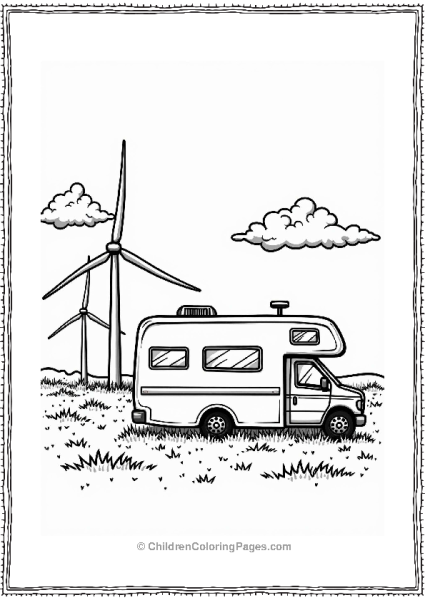 Camper RV RV And Wind Turbines In A Field Free PDF Printable