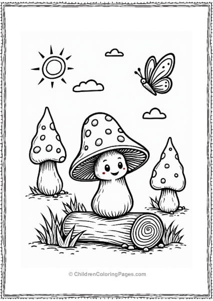 Cheerful Button Mushroom With Butterfly Free PDF Printable