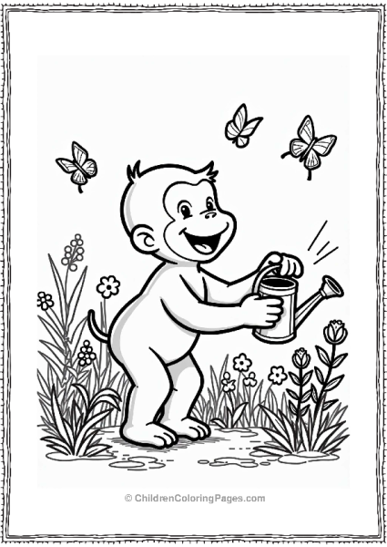Curious George Watering Flowers In A Garden Free PDF Printable