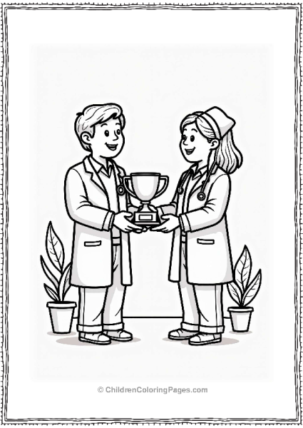 Doctor Nurse Doctor Presenting Trophy To Patient Free PDF Printable