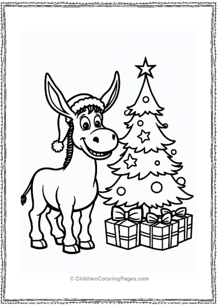 Donkey In A Santa Hat By A Christmas Tree Free PDF Printable