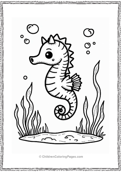 Earth Theme Curious Seahorse Among Seaweed And Bubbles Free PDF Printable