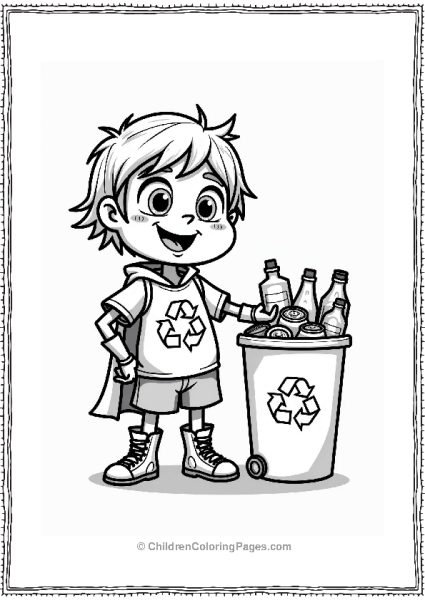 Earth Theme Recycling Hero Next To Bin Free PDF Printable