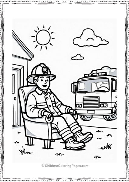 Firefighter Relaxing By Fire Truck Free PDF Printable