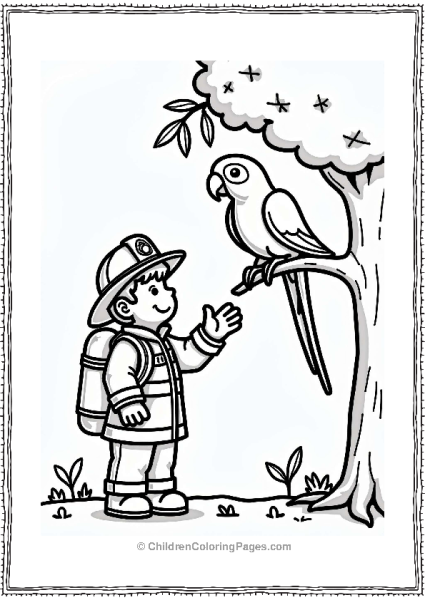 Firefighter Rescuing A Parrot Free PDF Printable