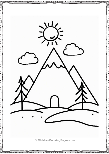Geometric Giant Triangle Mountain With Sun And Clouds Free PDF Printable