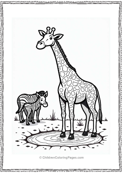 Giraffe And Friends At A Waterhole Free PDF Printable