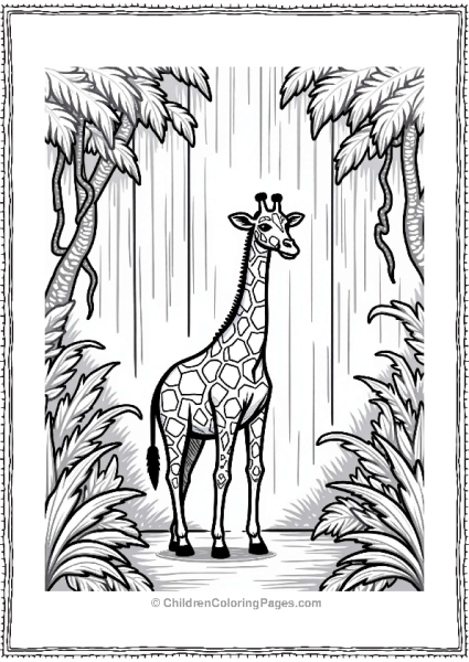 Giraffe Under A Waterfall In Rainforest Free PDF Printable