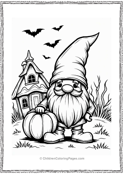 Happy Gnome With Pumpkin In Front Of Haunted House Free PDF Printable
