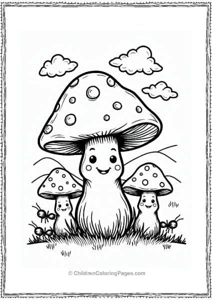 Joyful Button Mushroom With Whimsical Ants Free PDF Printable